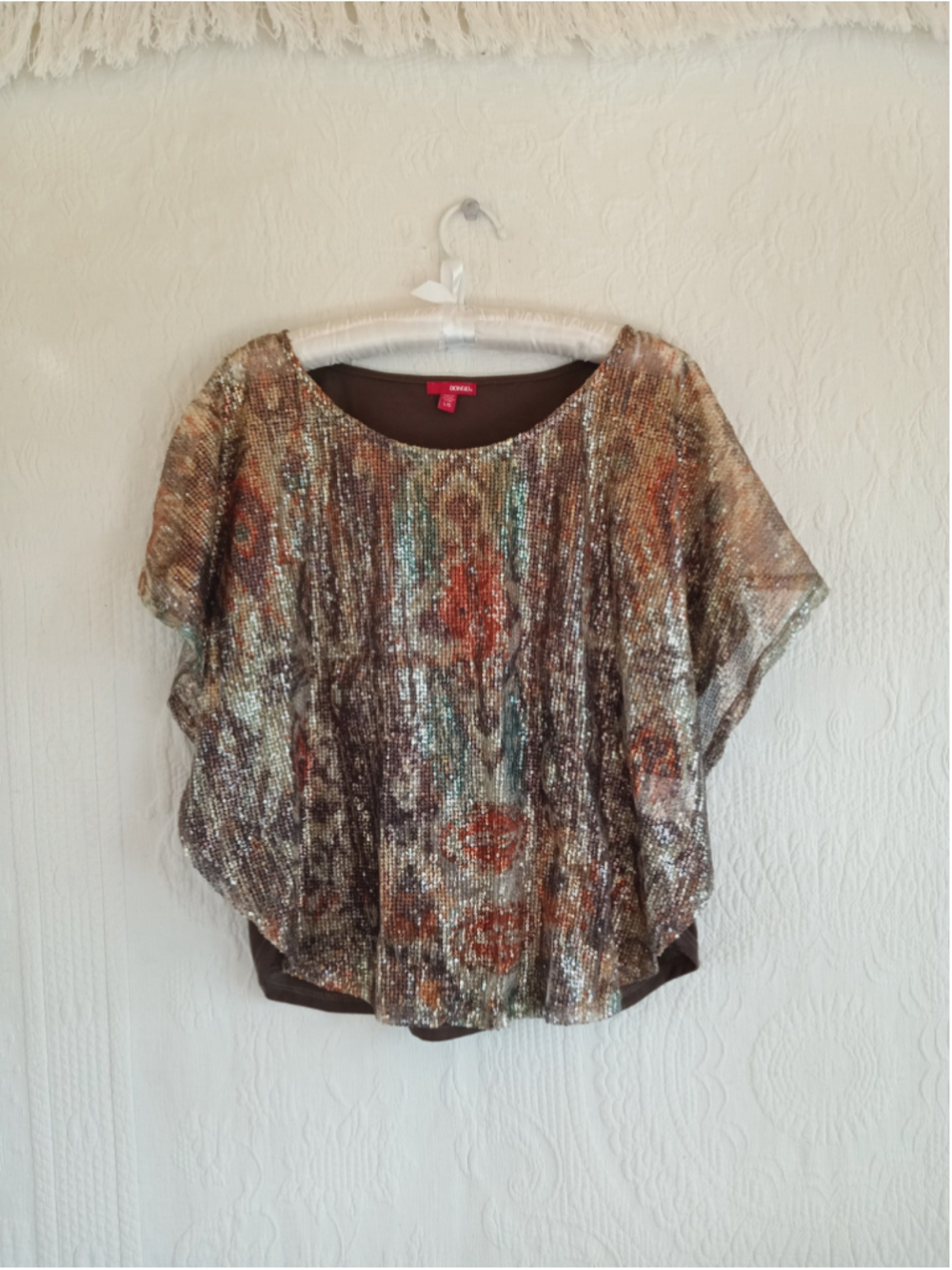 Bongo Sequin Dolman Blouse Brown Copper western tribal boho metallic sparkle LG - Picture 11 of 11